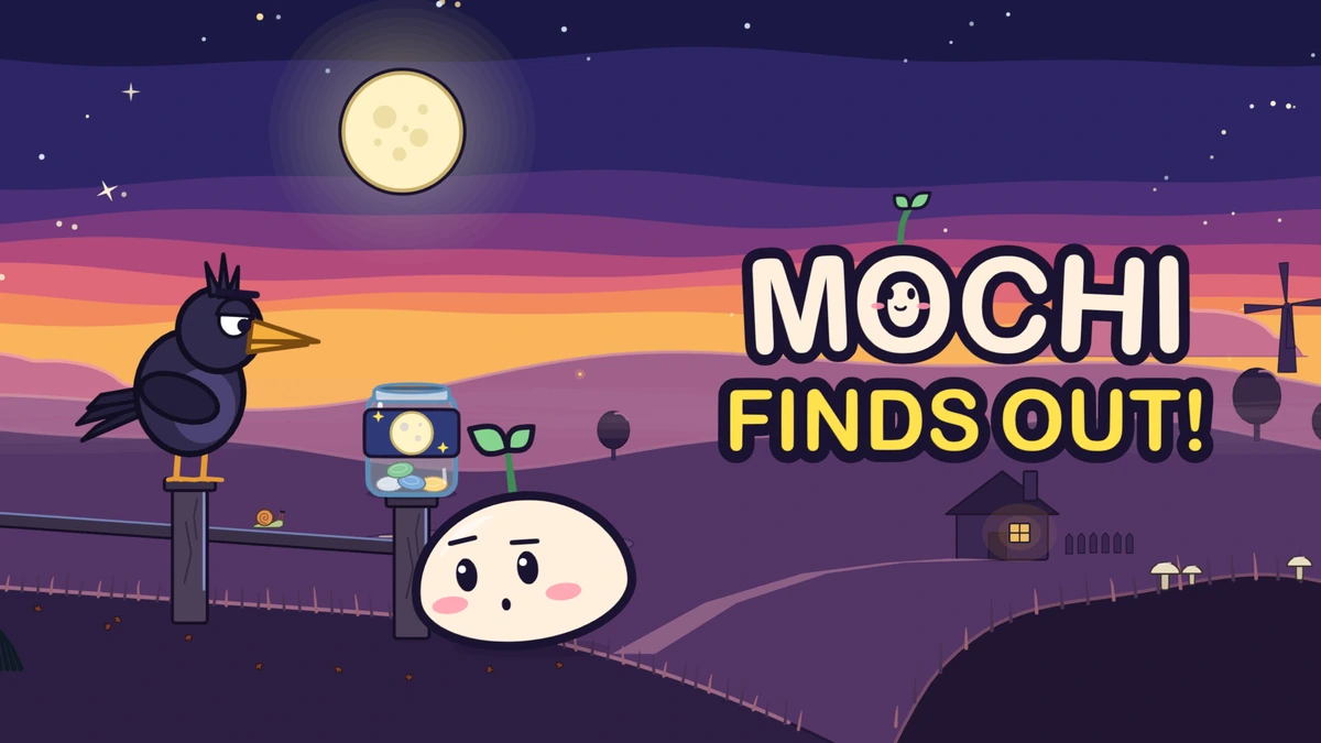 Mochi sits beside Crumb and his Moon jar, with a cottage in the distance and a Moon above the colorful twilight hills.